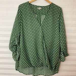KUT from the Kloth Green Polka Dot Surplice Roll Tab Faux Wrap Blouse XXL Sheer